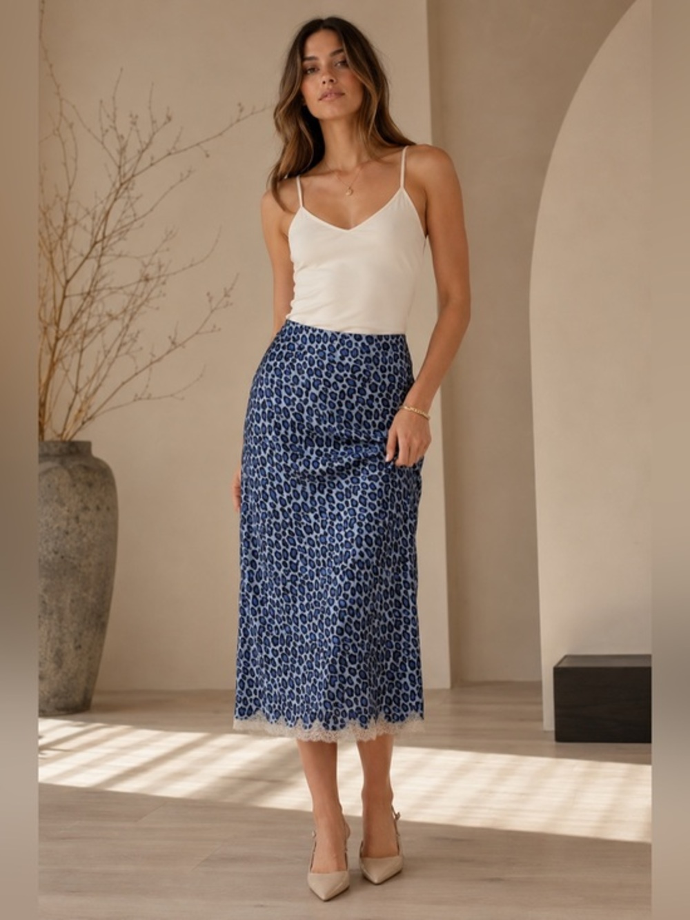 Silk Slip Skirt With Lace Hem‎ Blue Leopard Print Size Large